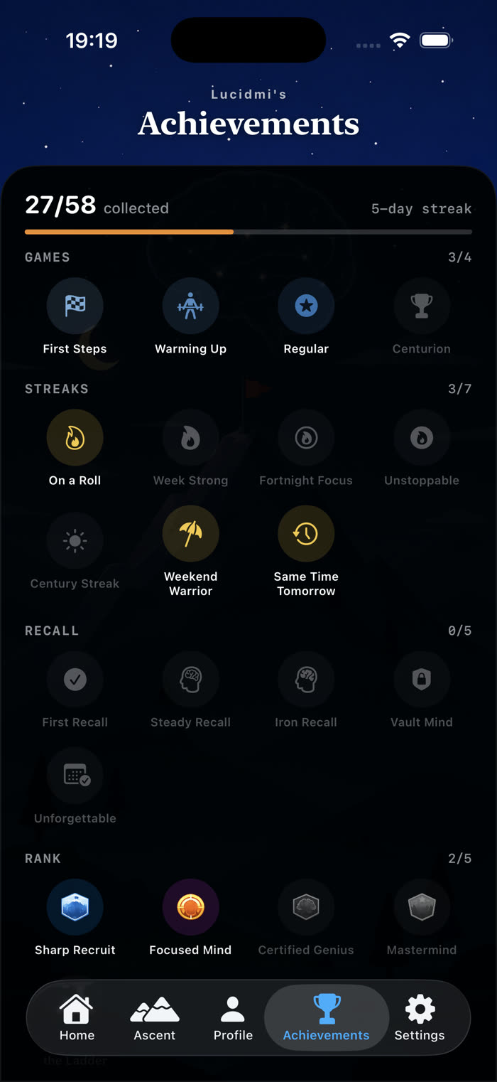 Achievements grid showing collected and locked badges