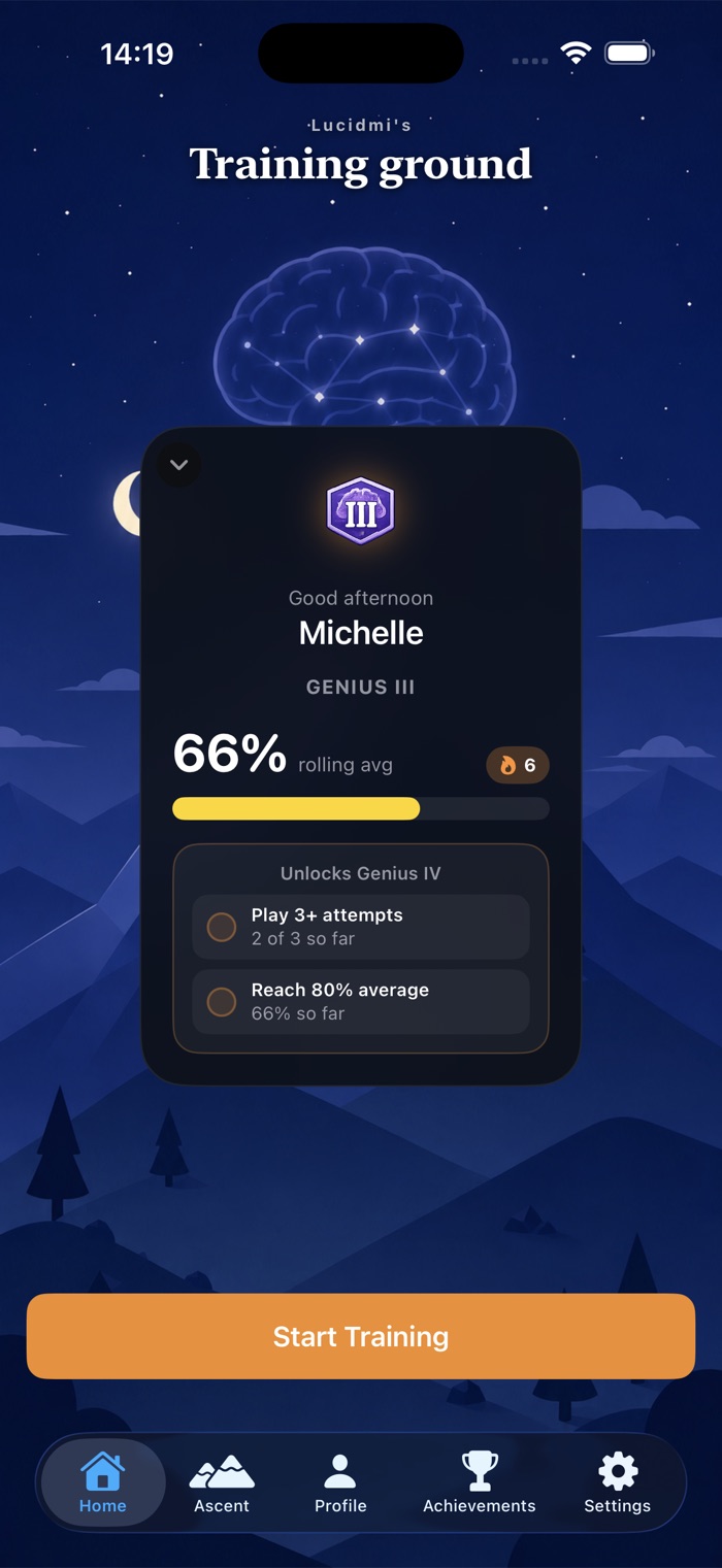 Home screen showing rolling accuracy and streak
