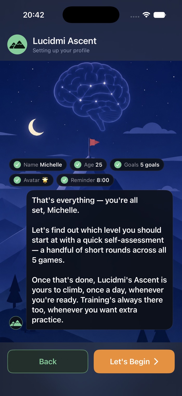 Onboarding screen inviting a short self-assessment across all 5 modes